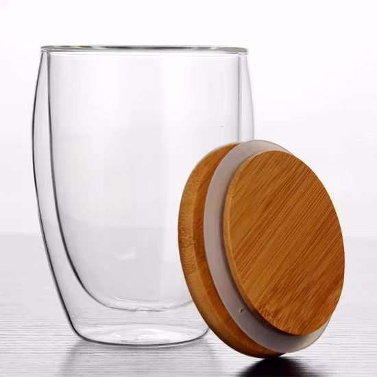 Nuovo coperchio creativo con venature del legno, bicchiere in vetro borosilicato resistente al calore con logo personalizzato
